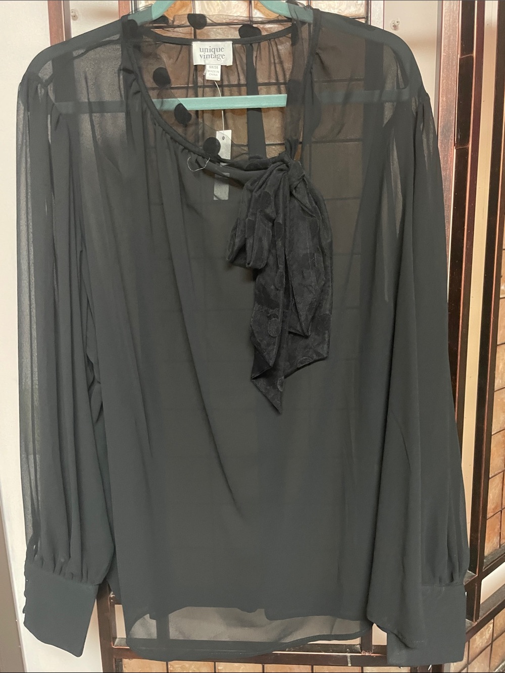 Unique Vintage Black Sheer Bow-Neck Blouse